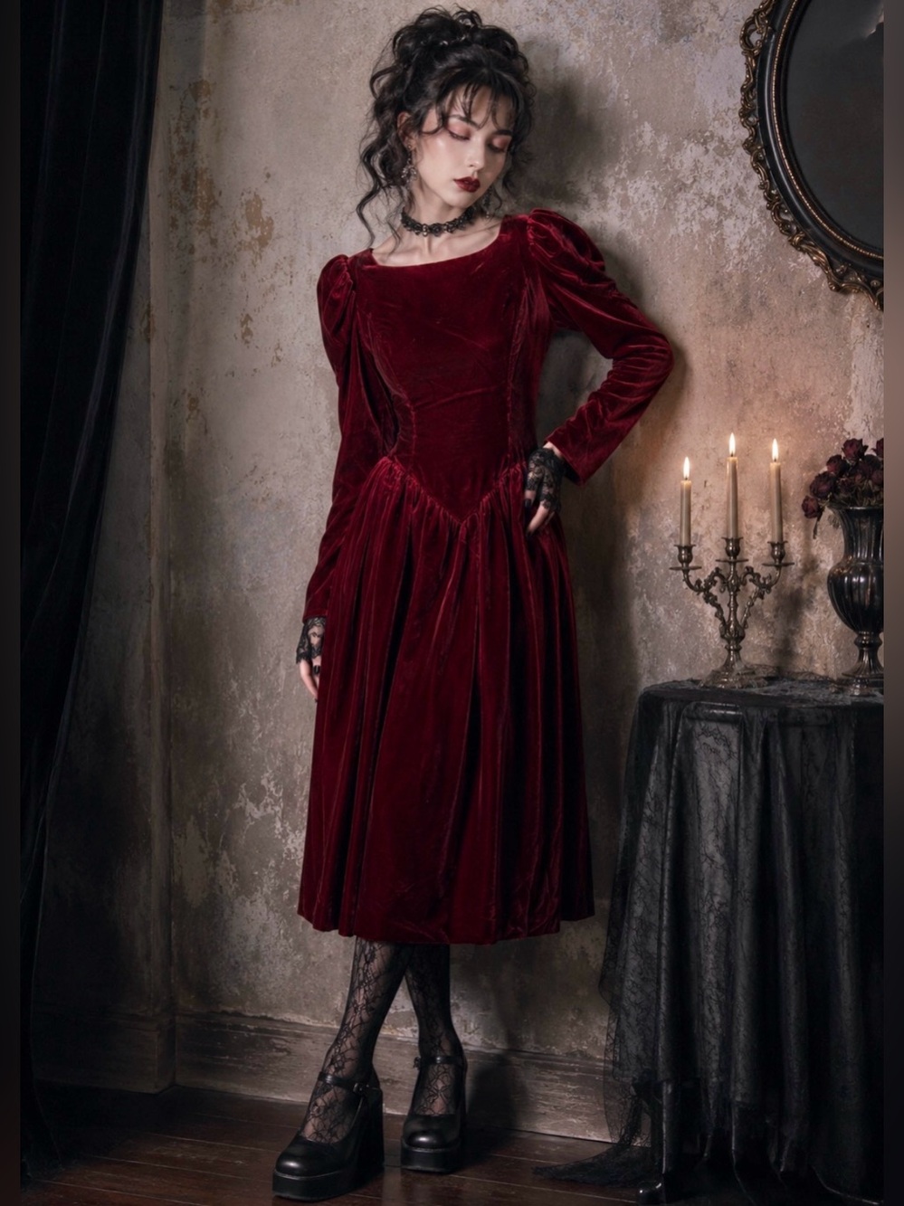 Vintage 80s Womens S/M Dark Red Velvet Prom/Formal Bridesmaid Dress Whimsygoth